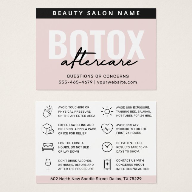 Cartes De Visite Blush Botox Injection Aftercare Instruction Card (Devant & derrière)