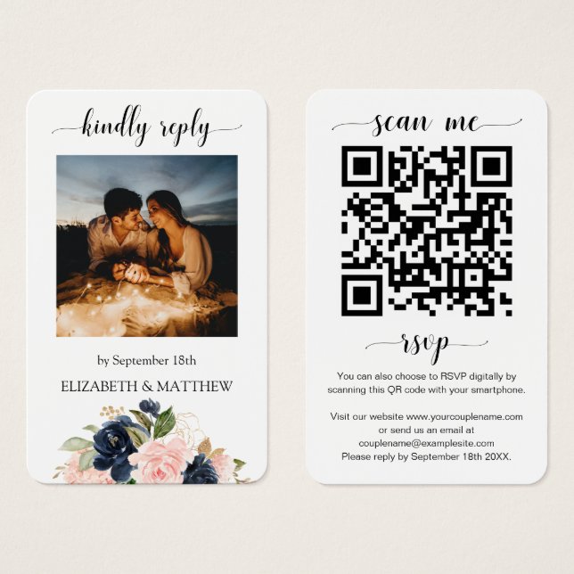 Cartes De Visite Blush Pink Navy Floral Photo QR Code Scan me RSVP (Devant & derrière)