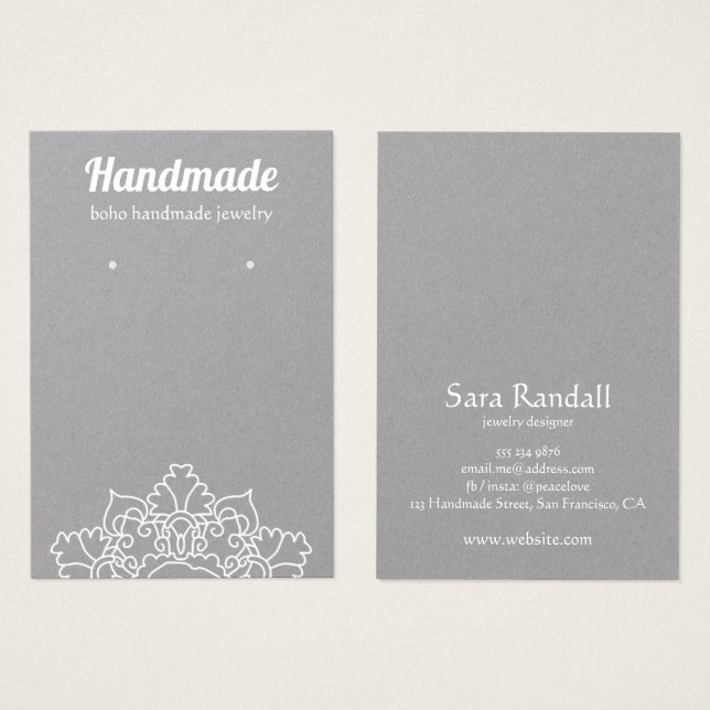Cartes De Visite Boho White Mandala Rustic Grey Écran d'oreille (Devant & derrière)