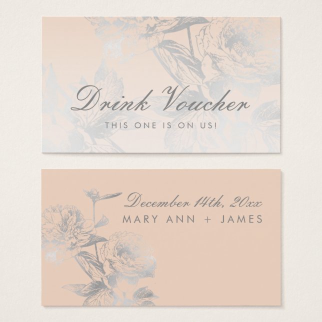 Cartes De Visite Bon de boisson mariage Simple Floral Silver Blush (Devant & derrière)