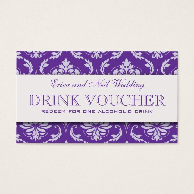 Cartes De Visite Bon de boisson Purple Mariage damassé à la récepti (Devant)