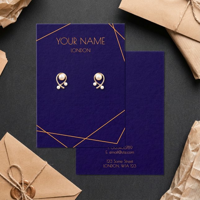 Cartes De Visite Boucles d'oreilles géométriques bleues et oranges (Blue and orange geometric earring display card.)