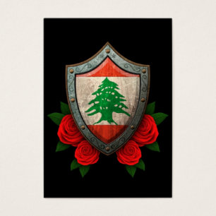 Cartes De Visite Bouclier libanais usé de drapeau avec les roses