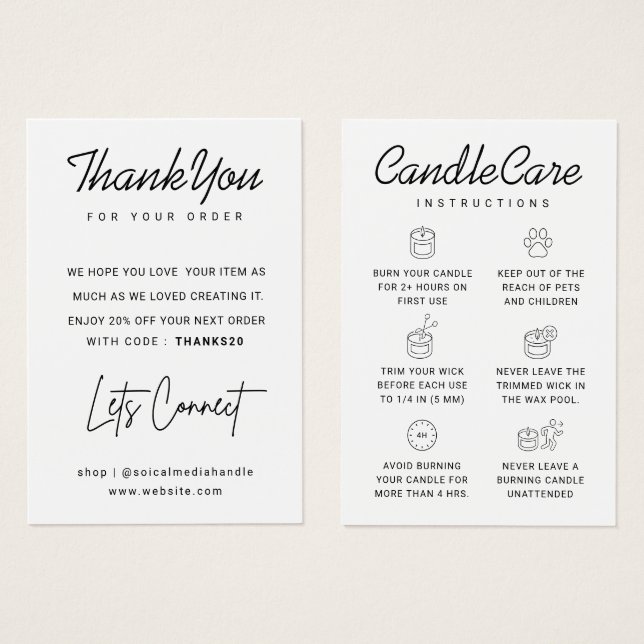 Cartes De Visite Bougie de remerciement avec soin de script blanc p (Devant & derrière)