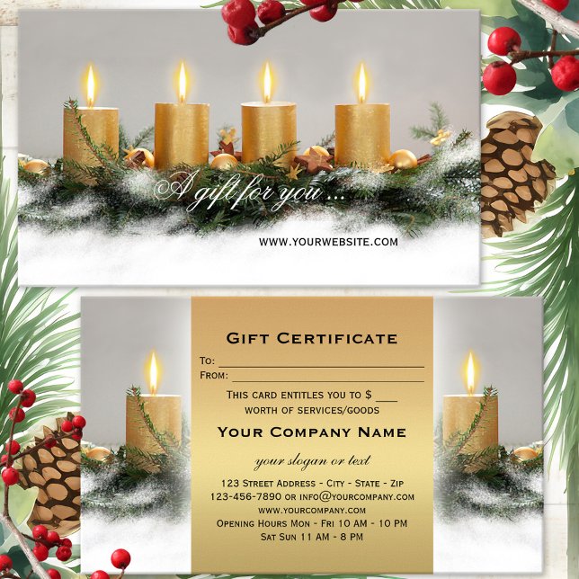 Cartes De Visite Bougies d'or Modèle de certificat cadeau de Noël (Festive Christmas Holidays gift certificate featuring golden candles with pine twigs in snow)