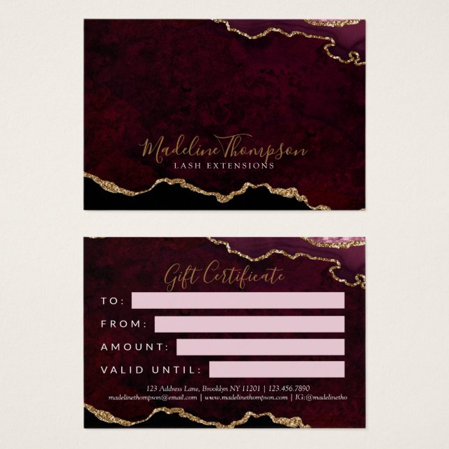 Cartes De Visite Burgundy Gold Agate Certificat cadeau d'entreprise (Devant & derrière)