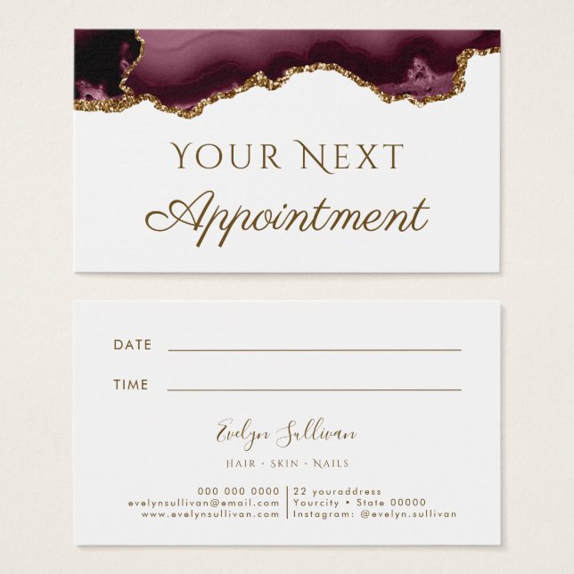 Cartes De Visite burgundy gold glitter agate Appointment Card (Devant & derrière)