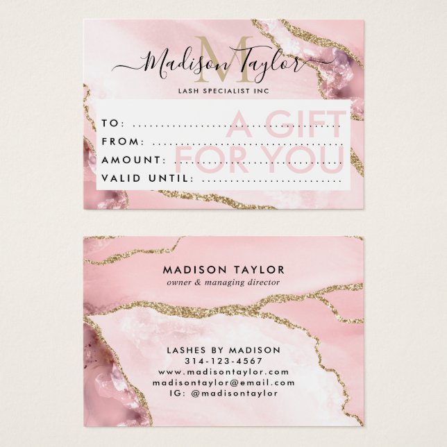 Cartes De Visite Business Gift Certificate Pink Gold Glitter Agate (Devant & derrière)