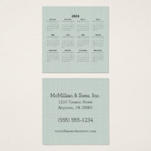 Cartes De Visite Calendrier mensuel 2024 Green Linen Custom Busines