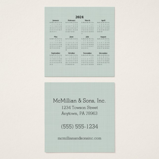 Cartes De Visite Calendrier mensuel 2024 Green Linen Custom Busines (Devant & derrière)