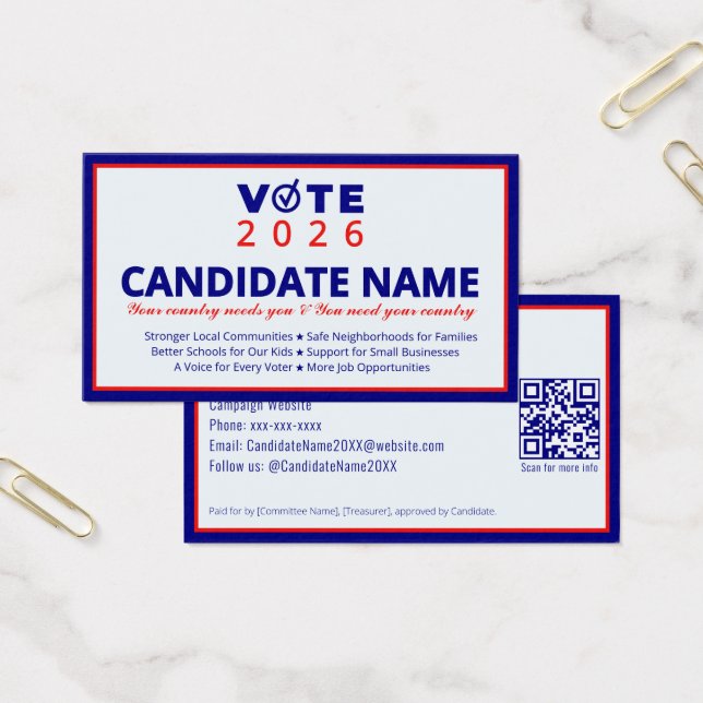 Cartes De Visite Campagne politique 2026 Candidat Élection Contact (Bureau)