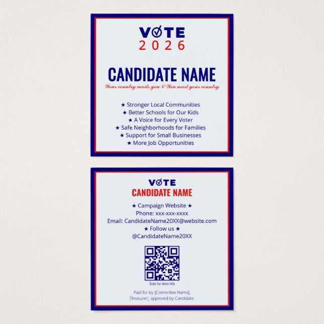 Cartes De Visite Campagne politique 2026 Candidat Élection Contact (Devant & derrière)