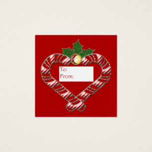 Cartes De Visite Candy Cane hearts with bell and holly on red
