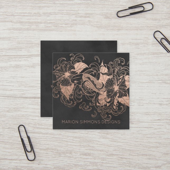 Cartes de visite carrées en feuille d'or rose flor (Devant/Arrière en situation)