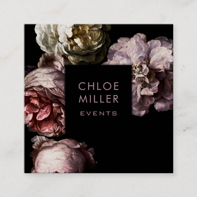 Cartes de visite carrés floraux modernes de noir (Devant)