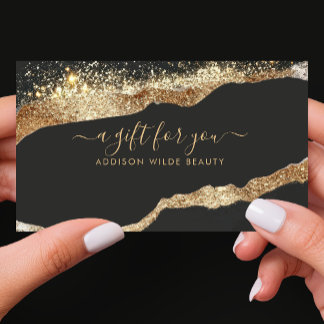 Cartes De Visite Carte-cadeau de salon de script pailleté noir or s