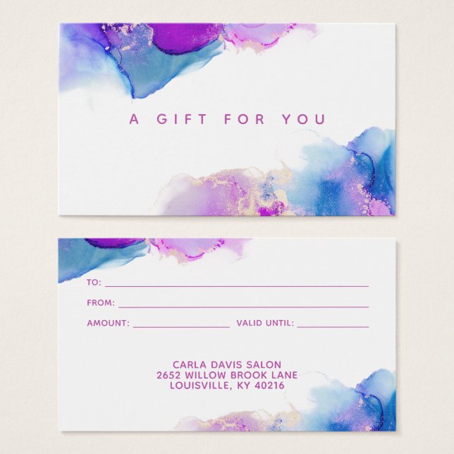 Cartes De Visite Carte-cadeau encre alcoolique bleu violet Script S (Devant & derrière)