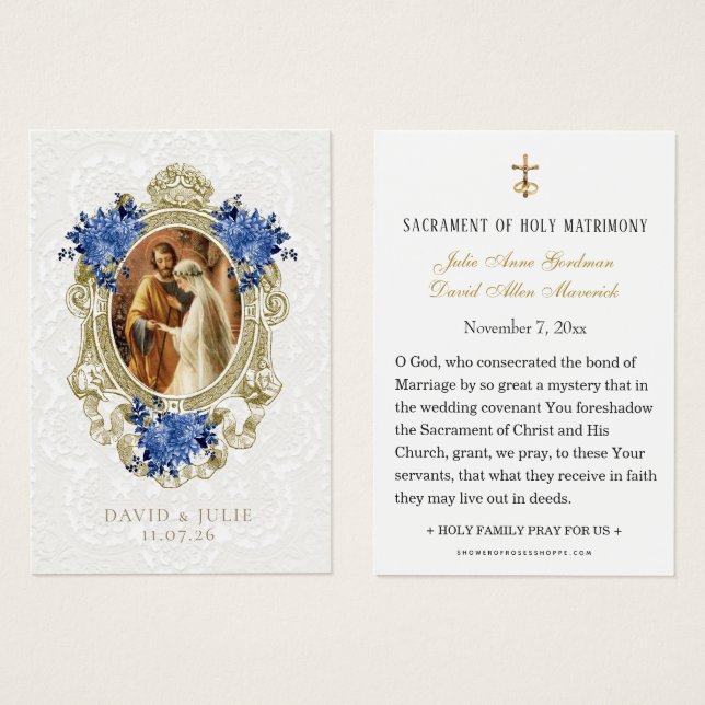 Cartes De Visite Catholic Blue Floral Gold Wedding Holy Card (Devant & derrière)