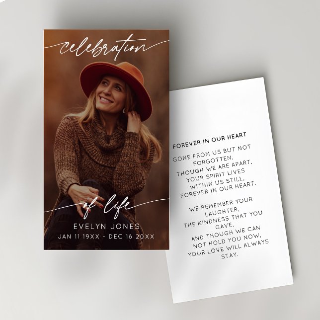 Cartes De Visite Célébration de la vie Script Funeral Photo Memoria (Créateur téléchargé)
