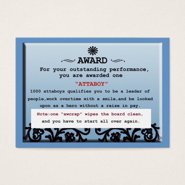 Cartes De Visite certificat attaboy (Devant)