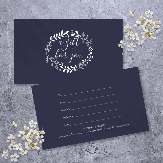 Cartes De Visite Certificat cadeau bleu de la Marine Woodland Garla (Woodland Garland Navy Blue Gift Certificate)