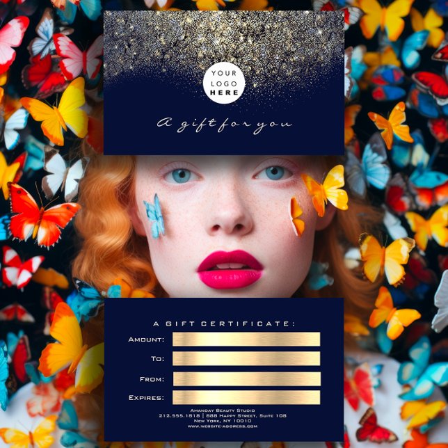 Cartes De Visite Certificat cadeau de beauté Blue Navy Gold Lash Lo (Beauty Gift Certificate Gold Lash Logo )