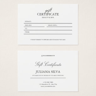 Cartes De Visite Certificat cadeau de beauté minimaliste blanc