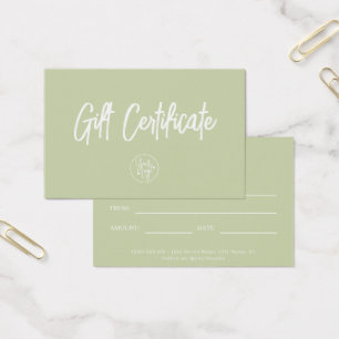 Cartes De Visite Certificat cadeau de bon moderne Sage Green
