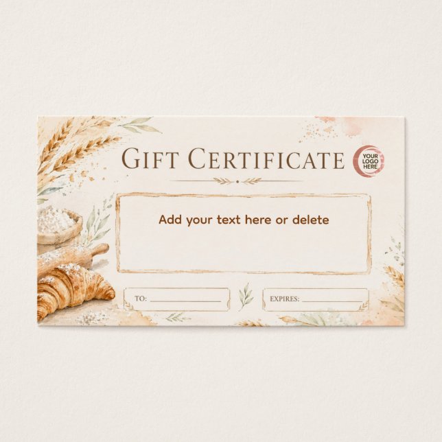 Cartes De Visite Certificat-cadeau de boulangerie à l'aquarelle bei (Devant)