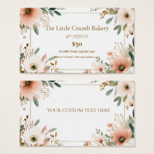 Cartes De Visite Certificat-cadeau de boulangerie, floral aquarelle