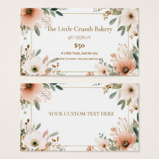 Cartes De Visite Certificat-cadeau de boulangerie, floral aquarelle