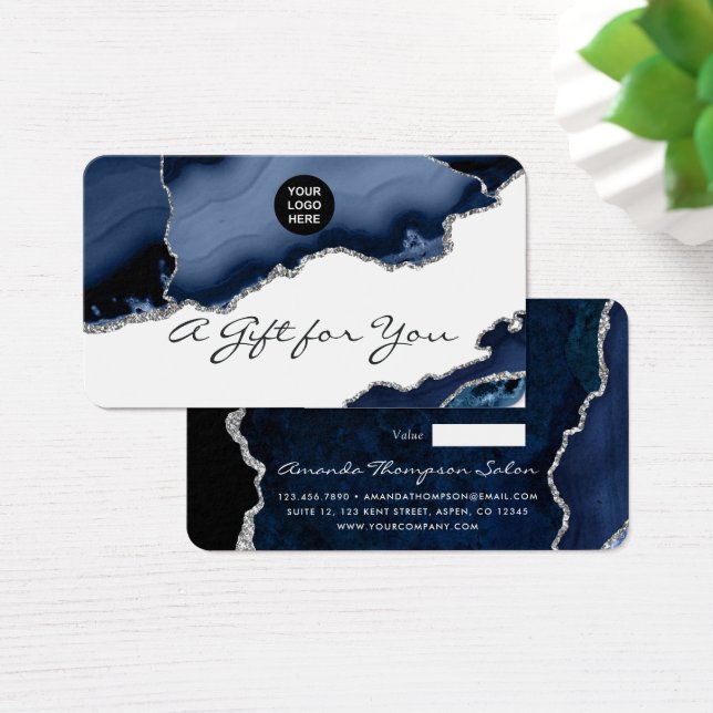 Cartes De Visite Certificat cadeau de pierre marine et argent Agate (Bureau)