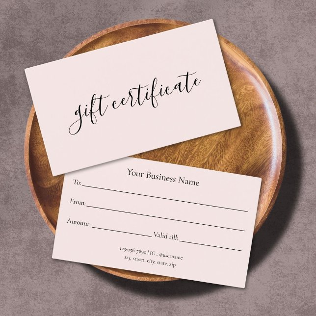 Cartes De Visite Certificat cadeau d'entreprise rose pastel moderne (Créateur téléchargé)