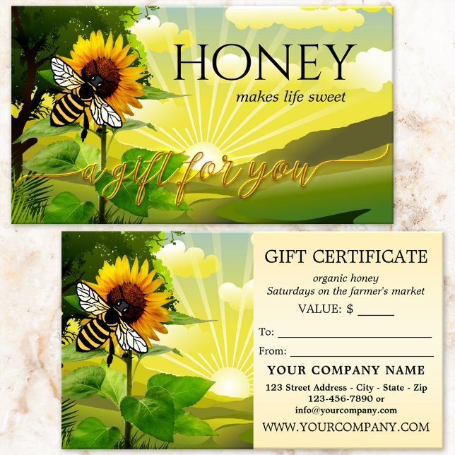 Cartes De Visite Certificat-cadeau du Marché des Apiculteurs (Gift certificate featuring an artistic illustration with sunflower and honey bee on fresh greenery)