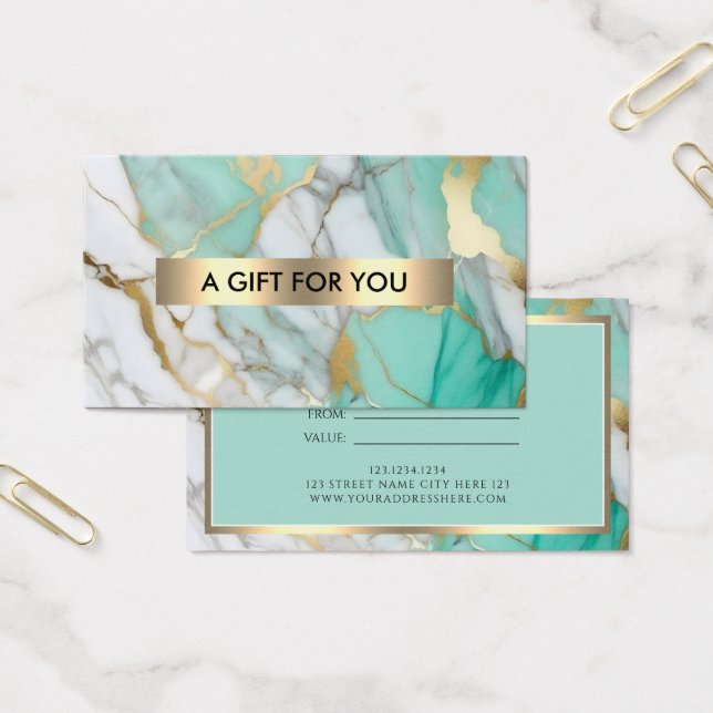 Cartes De Visite Certificat Cadeau Élégant en Marbre Vert Or (Bureau)