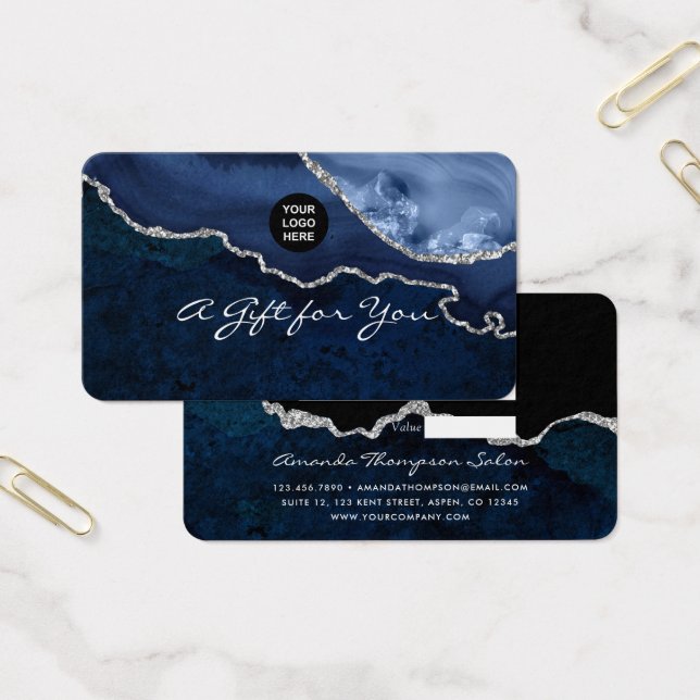 Cartes De Visite Certificat Cadeau en Pierre d'Agate Navy et Argent (Bureau)