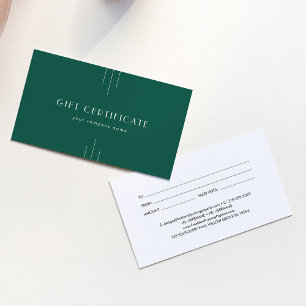 Cartes De Visite Certificat cadeau entreprise EVERLY vert émeraude