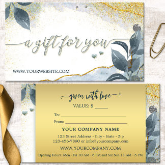 Cartes De Visite Certificat Cadeau Feuilles Artistiques Or Élégant