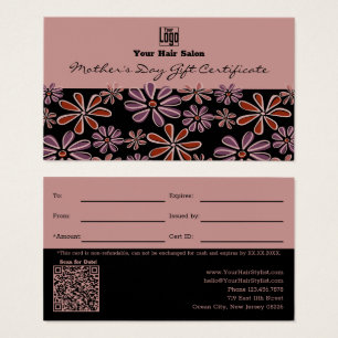 Cartes De Visite Certificat Cadeau Fleur Black Pink pour la Fête de