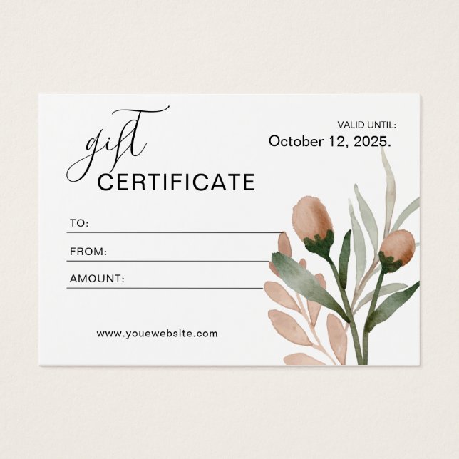 Cartes De Visite Certificat cadeau floral simple Beige Aquarelle (Devant)