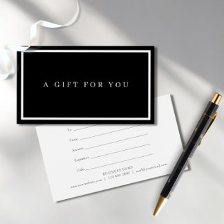 Cartes De Visite Certificat Cadeau Minimaliste Moderne Noir et Blan