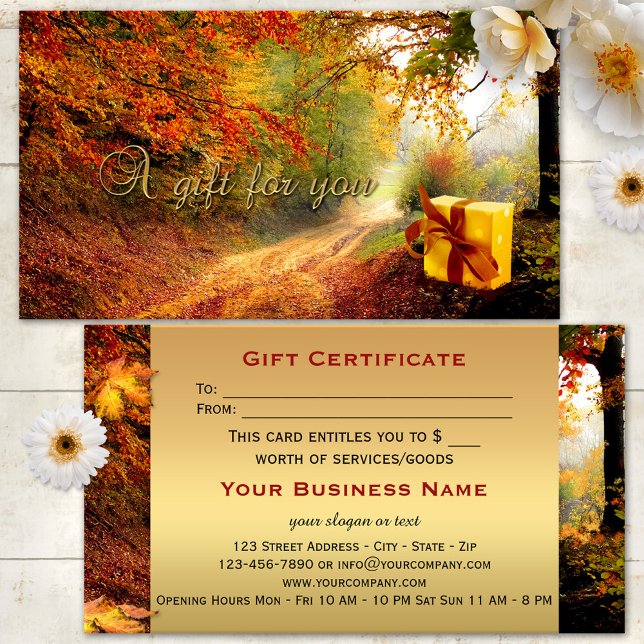 Cartes De Visite Certificat Cadeau Or Forêt Automne (A beautiful fall gift certificate featuring an image of a package in the forest - with gold)