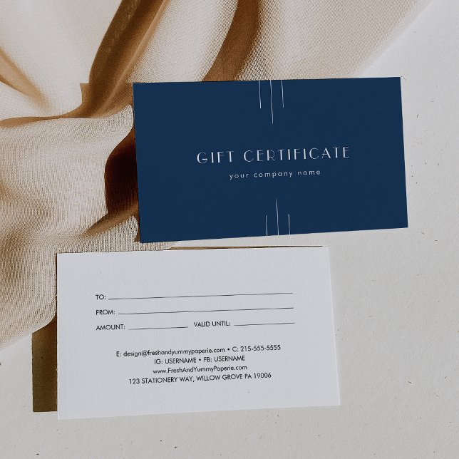Cartes De Visite Certificat-cadeau professionnel Art Déco Navy EVER (EVERLY Art Deco Navy Business Gift Certificate)