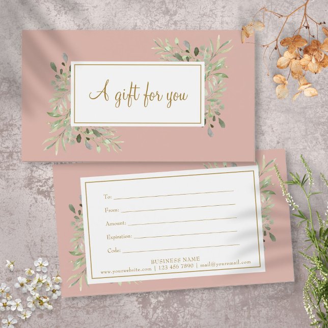 Cartes De Visite Certificat Cadeau Script Feuilles de Printemps Ros (Blush Pink Spring Leaves Script Gift Certificate)