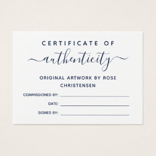 Cartes De Visite Certificat d'authenticité Chic Navy Script