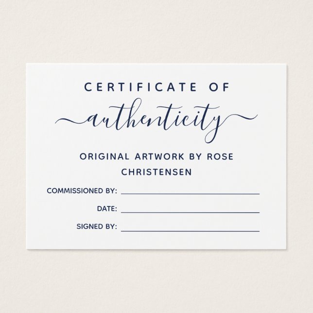 Cartes De Visite Certificat d'authenticité Chic Navy Script (Devant)