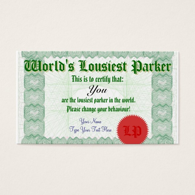 Cartes De Visite Certificat de stationnement défectueux pour le par (Devant)