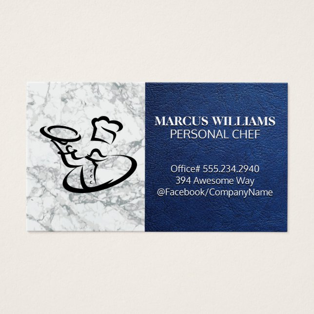 Cartes De Visite Chef Servant La Nourriture | Marbre bleu cuir (Devant)