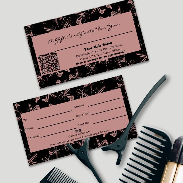 Cartes De Visite Chic Hair Tools Motif QR Code certificat cadeau (Chic Hair Tools Pattern QR Code Gift Certificate, Tuscany Pink & Black)