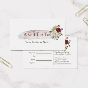 Cartes De Visite Chic Watercolor Floral Bourgogne Certificat cadeau